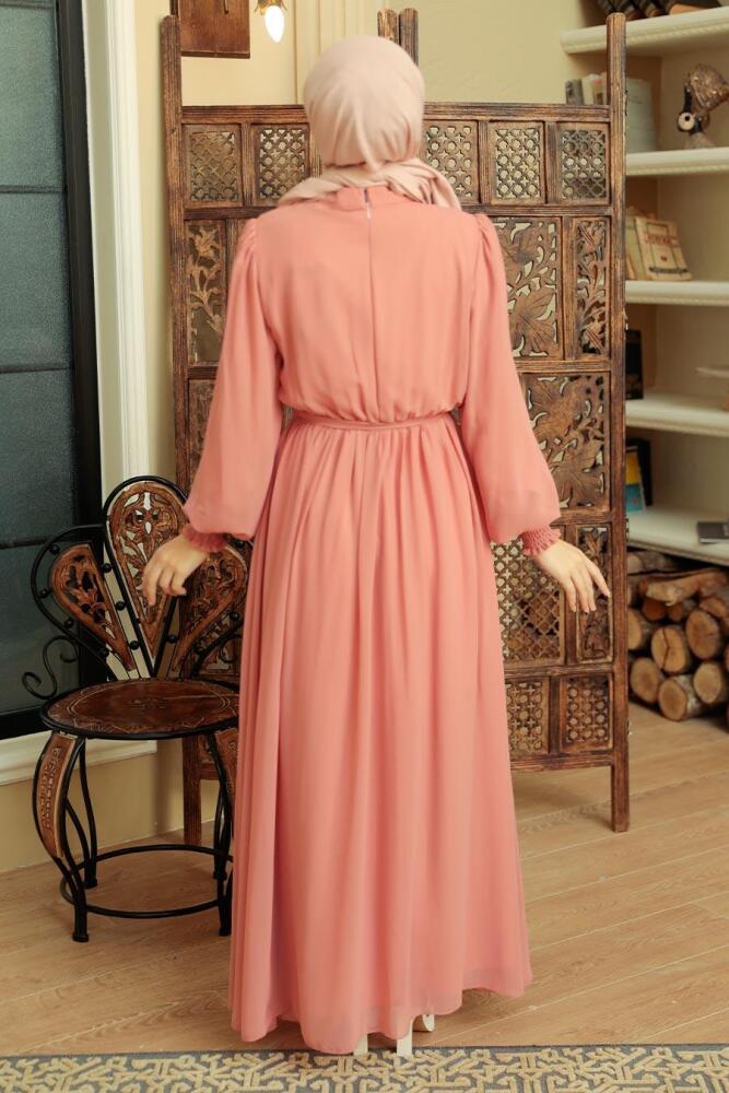 Neva Style - Boncuk Detaylı Somon Tesettür Elbise 10411SMN - 3