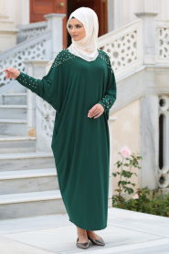 Neva Style - Boncuk Detaylı Yeşil Tesettür Elbise 1009Y - Thumbnail