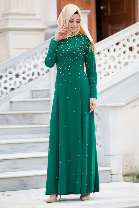 Neva Style - Boncuk Detaylı Yeşil Tesettür Elbise 4731Y