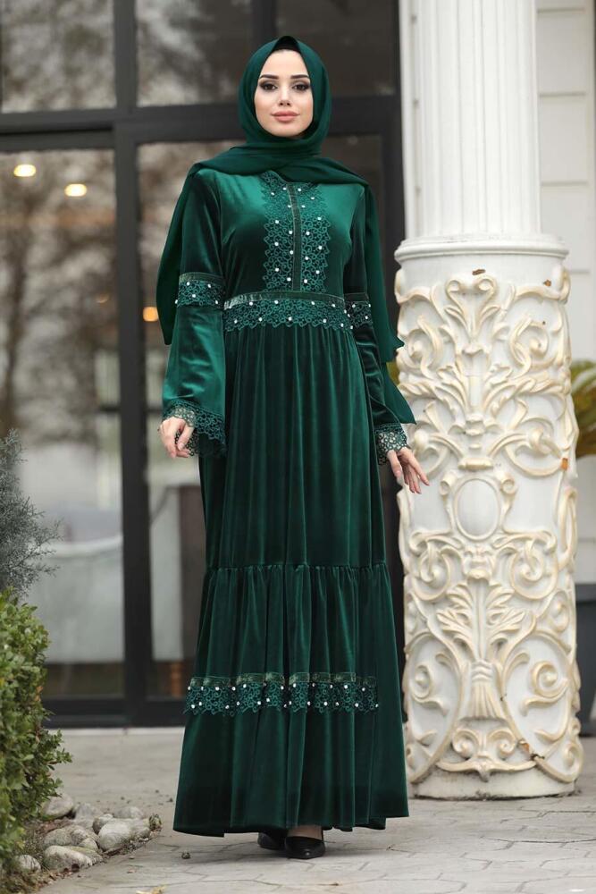 Neva Style - Boncuk Detaylı Yeşil Tesettür Kadife Elbise 1470Y - 1