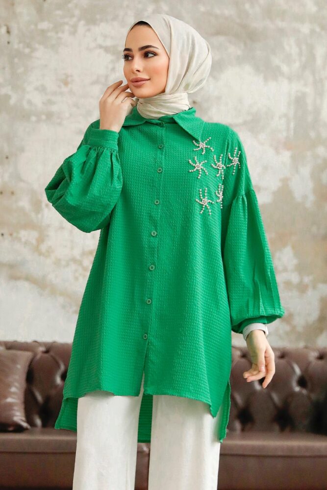 Neva Style - Boncuk Detaylı Yeşil Tesettür Tunik 11221Y - 1