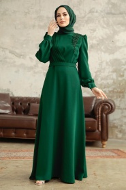 Neva Style - Boncuk Detaylı Zümrüt Yeşili Tesettür Elbise 37351ZY - Thumbnail