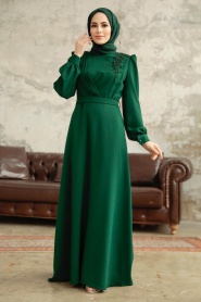 Neva Style - Boncuk Detaylı Zümrüt Yeşili Tesettür Elbise 37351ZY - Thumbnail