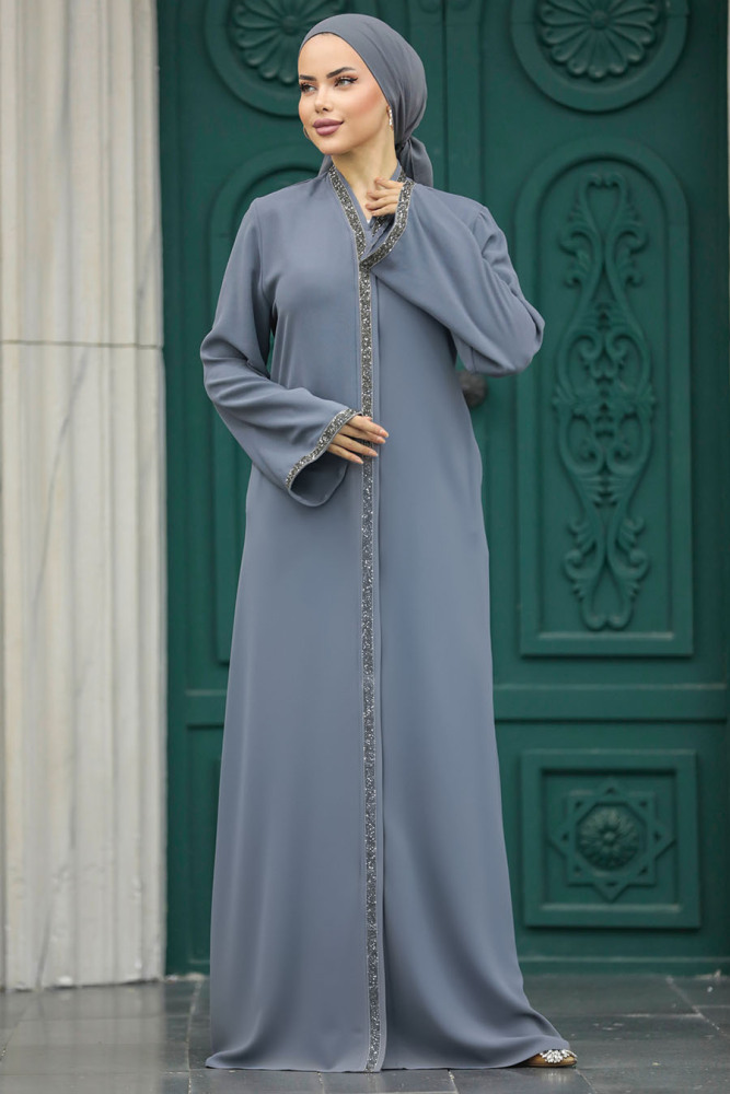 Neva Style - Boncuk İşlemeli Antrasit Tesettür Ferace 20070ANT - 2