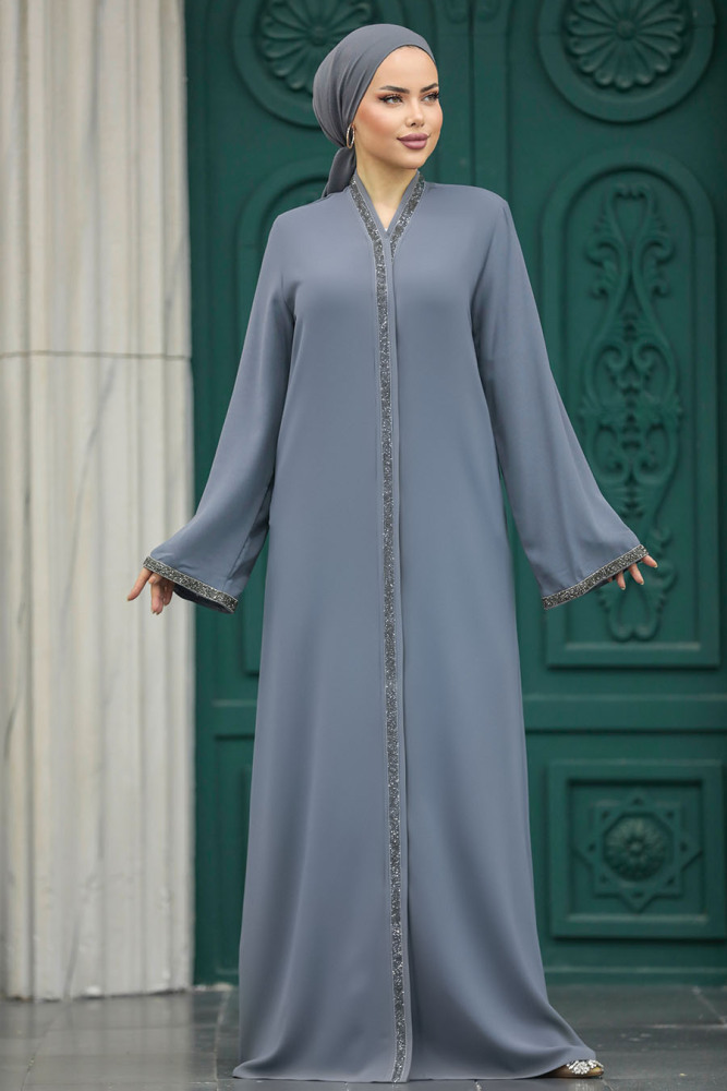 Neva Style - Boncuk İşlemeli Antrasit Tesettür Ferace 20070ANT - 1