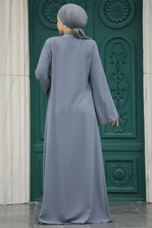 Neva Style - Boncuk İşlemeli Antrasit Tesettür Ferace 20070ANT - 5