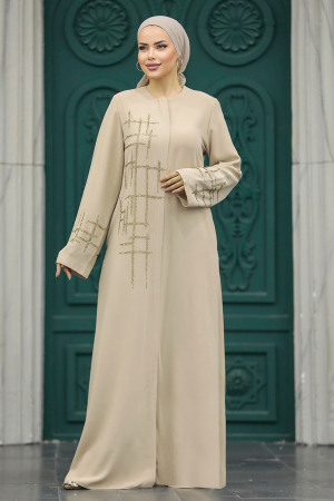Neva Style - Boncuk İşlemeli Bej Tesettür Ferace 20059BEJ - 1