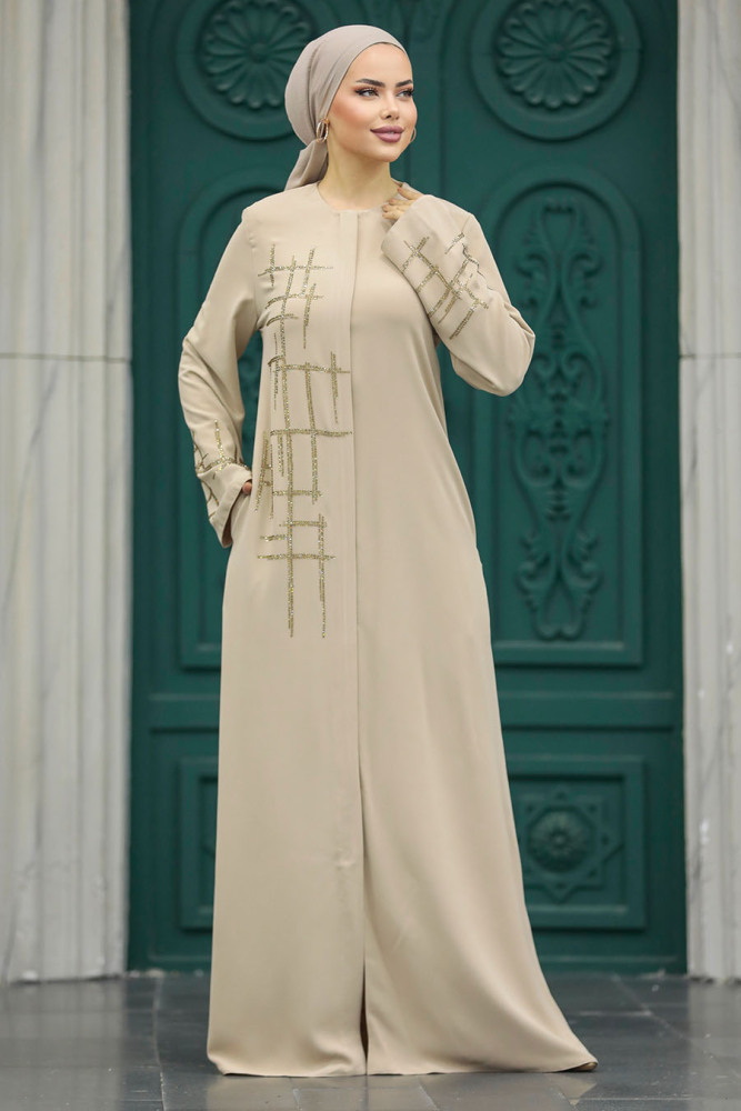 Neva Style - Boncuk İşlemeli Bej Tesettür Ferace 20059BEJ - 2