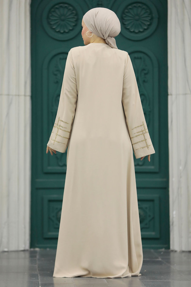 Neva Style - Boncuk İşlemeli Bej Tesettür Ferace 20059BEJ - 3
