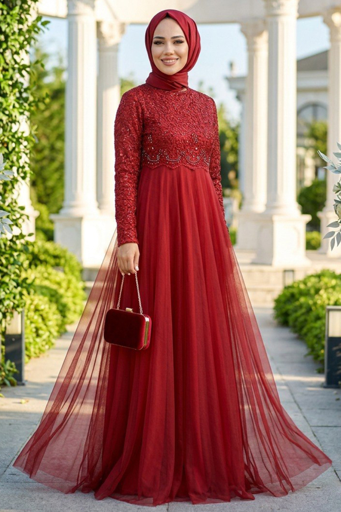  Boncuk İşlemeli Bordo Tesettür Abiye Elbise 9160BR - NEVA STYLE