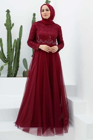 Neva Style - Boncuk İşlemeli Bordo Tesettür Abiye Elbise 9160BR - Thumbnail