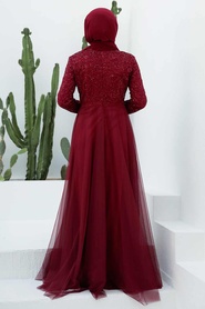 Neva Style - Boncuk İşlemeli Bordo Tesettür Abiye Elbise 9160BR - Thumbnail