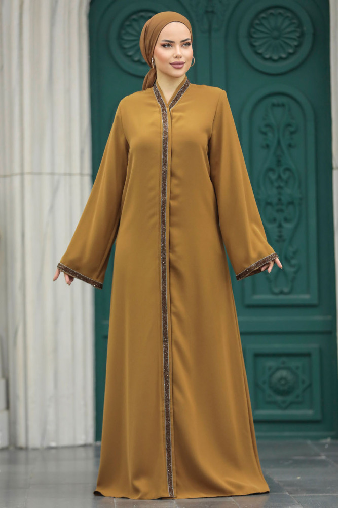 Neva Style - Boncuk İşlemeli Camel Tesettür Ferace 20070C - 1