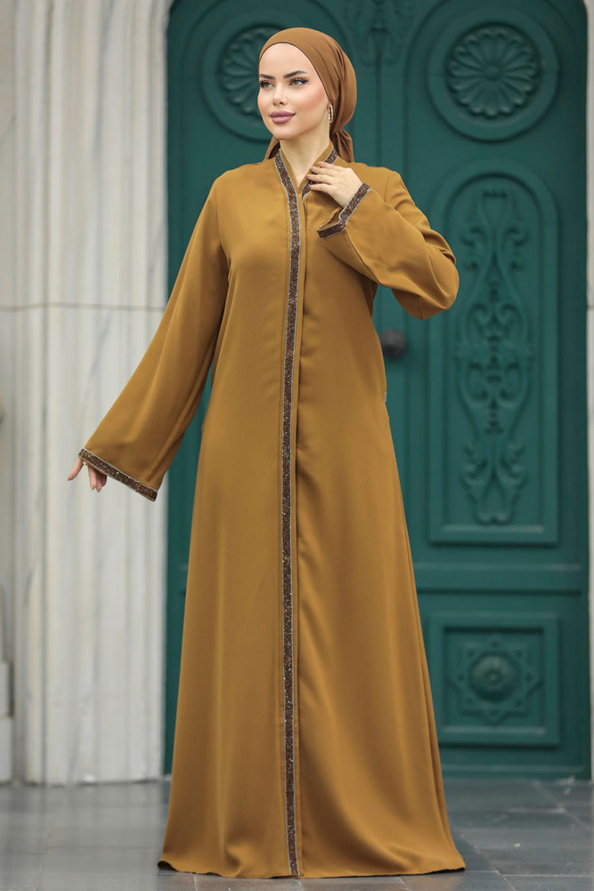 Neva Style - Boncuk İşlemeli Camel Tesettür Ferace 20070C - 2
