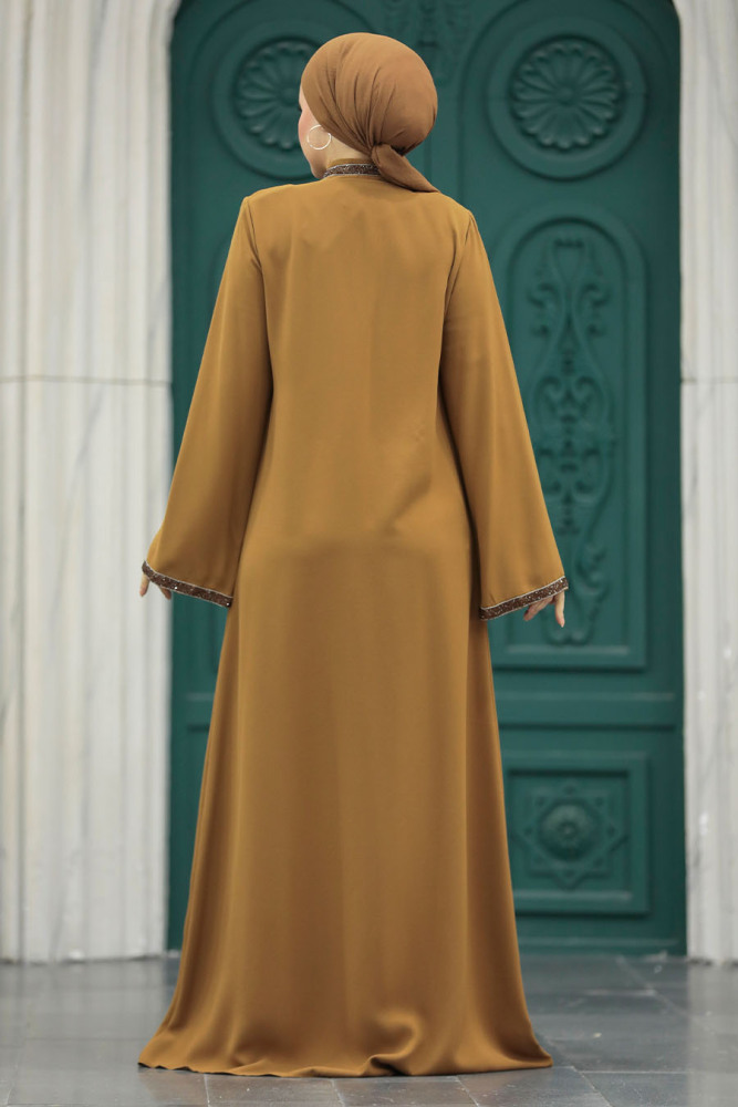 Neva Style - Boncuk İşlemeli Camel Tesettür Ferace 20070C - 3