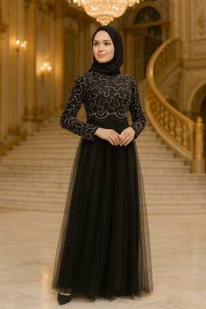 Neva Style - Boncuk İşlemeli Gold Tesettür Abiye Elbise 9160GOLD - 1