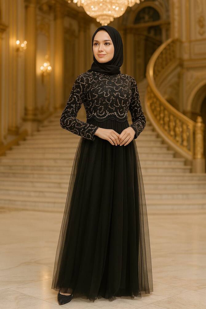 Neva Style - Boncuk İşlemeli Gold Tesettür Abiye Elbise 9160GOLD - 1