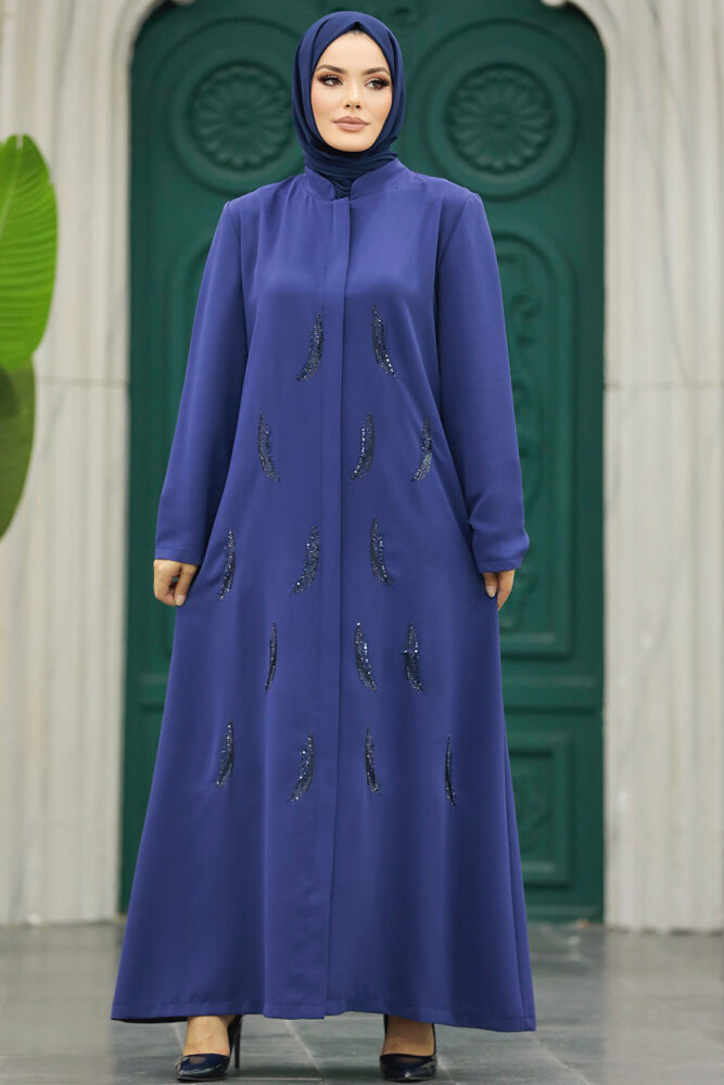 Neva Style - Boncuk İşlemeli İndigo Mavisi Tesettür Ferace 10106IM - 2