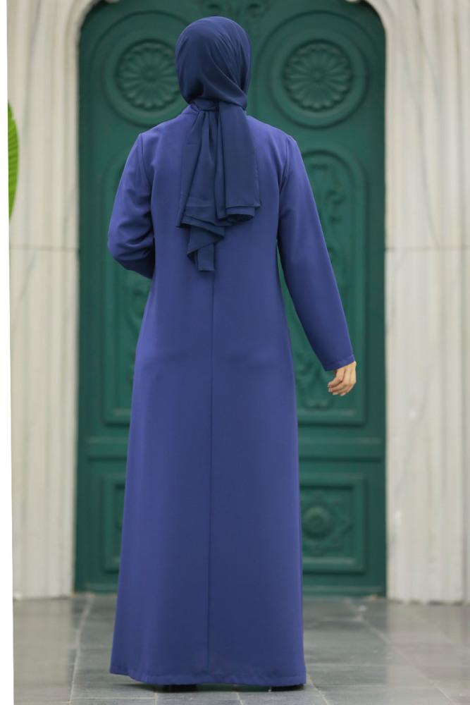 Neva Style - Boncuk İşlemeli İndigo Mavisi Tesettür Ferace 10106IM - 3