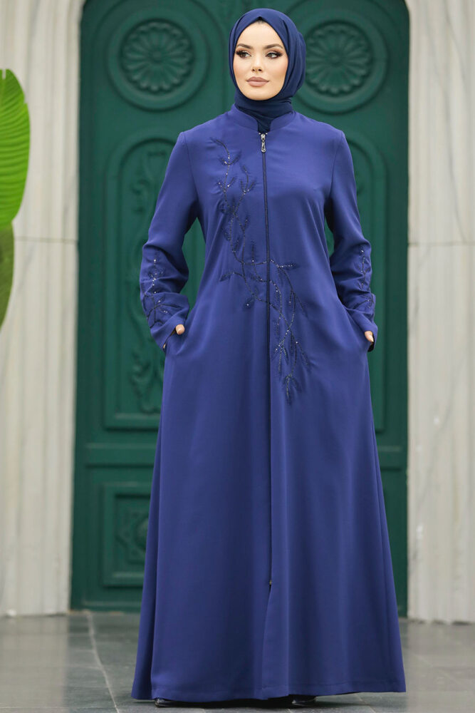 Neva Style - Boncuk İşlemeli İndigo Mavisi Tesettür Ferace 20952IM - 2
