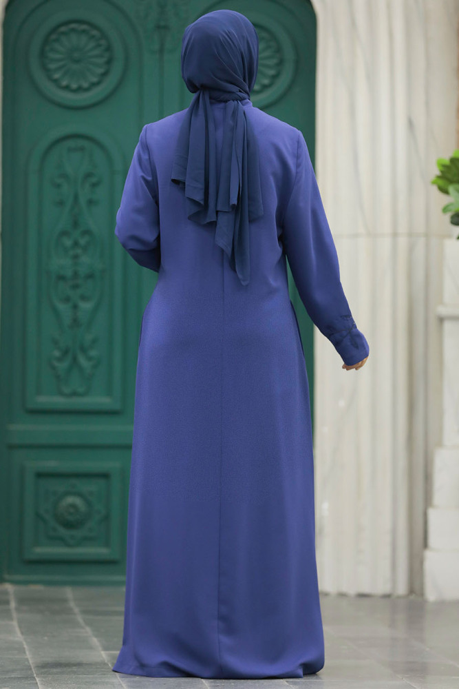 Neva Style - Boncuk İşlemeli İndigo Mavisi Tesettür Ferace 20952IM - 3
