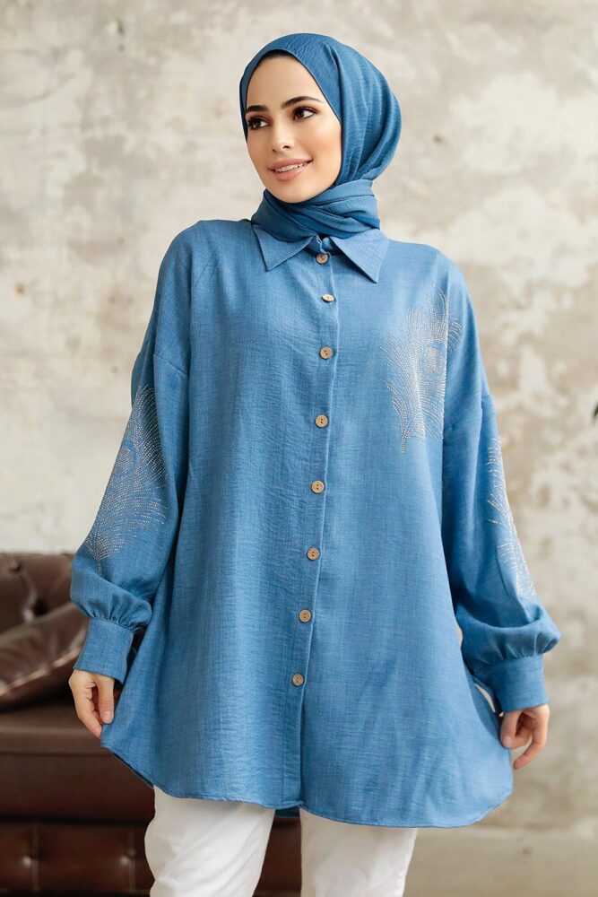 Neva Style - Boncuk İşlemeli İndigo Mavisi Tesettür Tunik 11351IM - NEVA STYLE