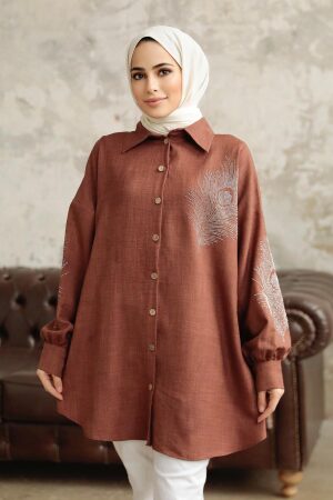 Neva Style - Boncuk İşlemeli Kahverengi Tesettür Tunik 11351KH - NEVA STYLE