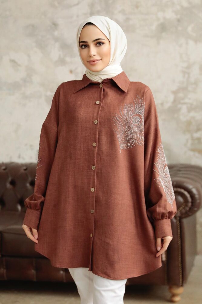 Neva Style - Boncuk İşlemeli Kahverengi Tesettür Tunik 11351KH - NEVA STYLE