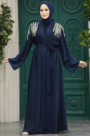  Boncuk İşlemeli Lacivert Tesettür Abaya 391300L - 2