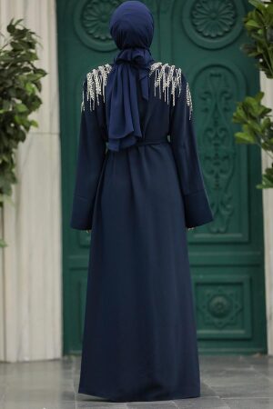  Boncuk İşlemeli Lacivert Tesettür Abaya 391300L - 4