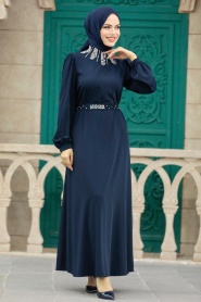 Neva Style - Boncuk İşlemeli Lacivert Tesettür Elbise 358600L - Thumbnail