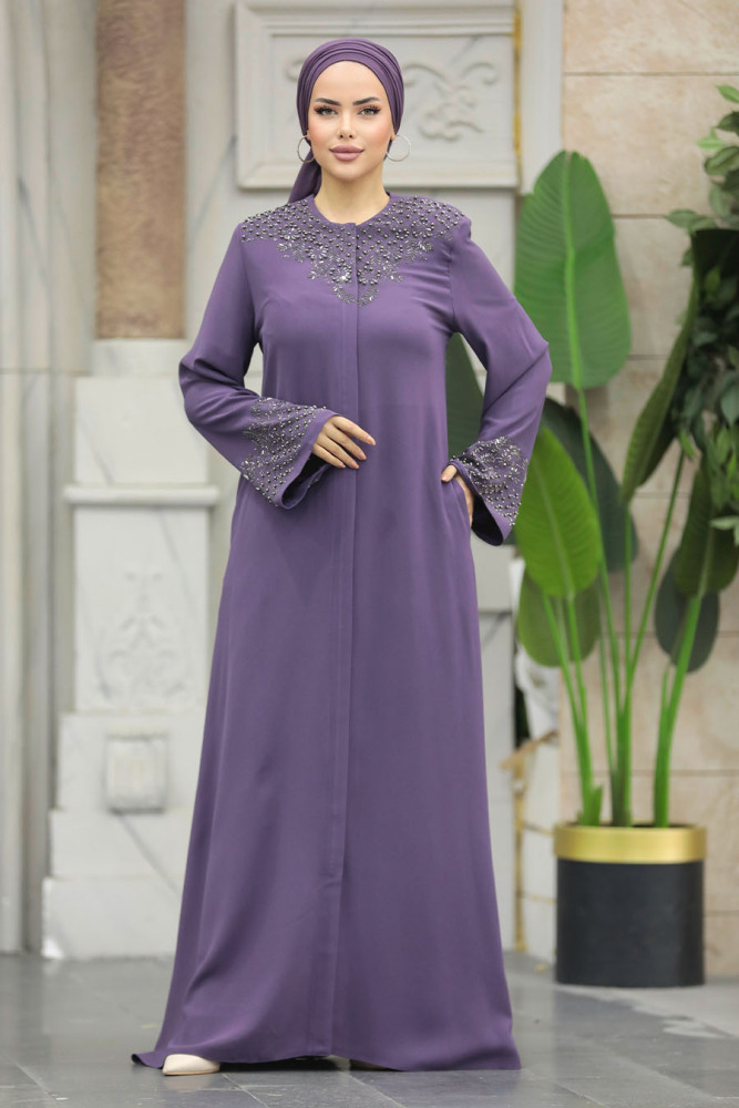 Neva Style - Boncuk İşlemeli Lila Tesettür Ferace 20057LILA - 2