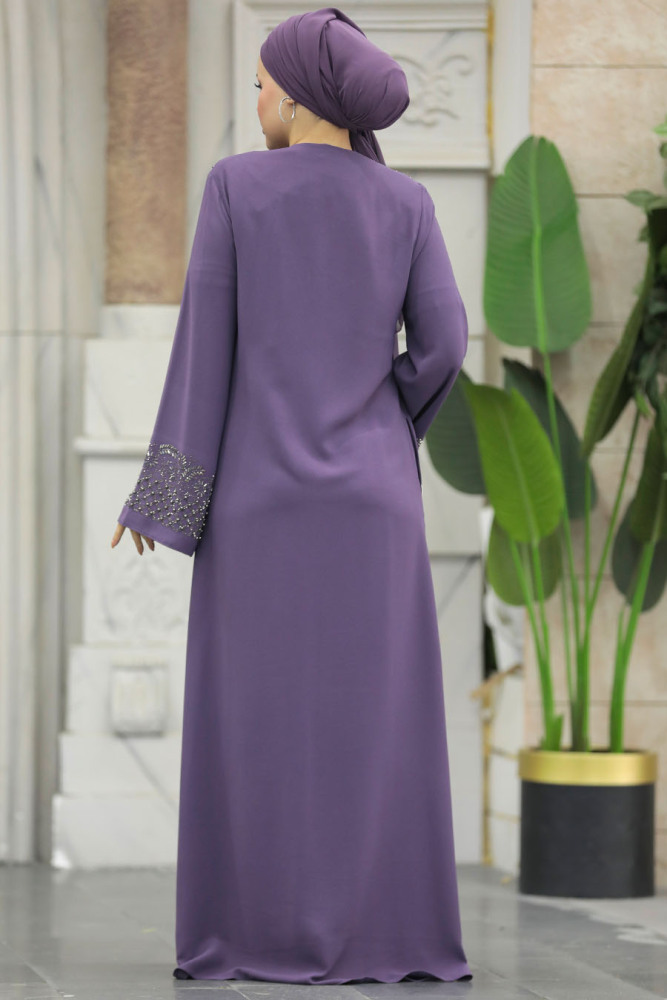 Neva Style - Boncuk İşlemeli Lila Tesettür Ferace 20057LILA - 3