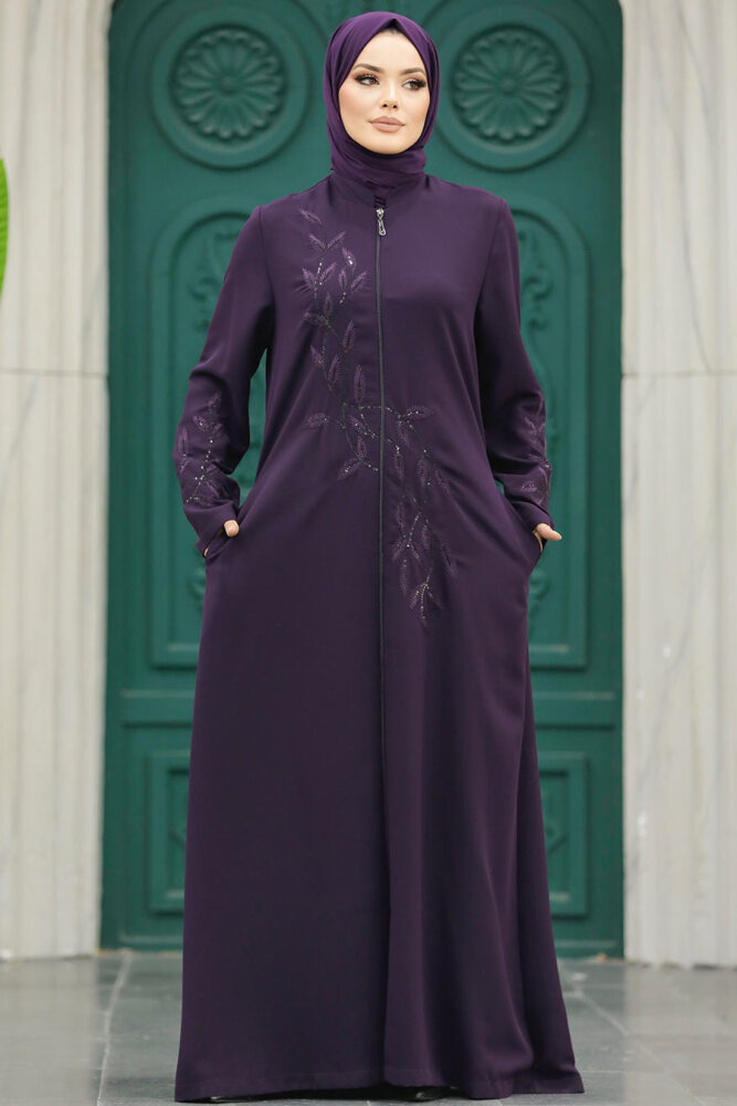 Neva Style - Boncuk İşlemeli Mürdüm Tesettür Ferace 20952MU - 4