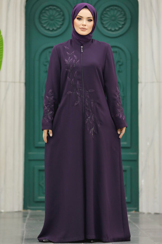 Neva Style - Boncuk İşlemeli Mürdüm Tesettür Ferace 20952MU - 1