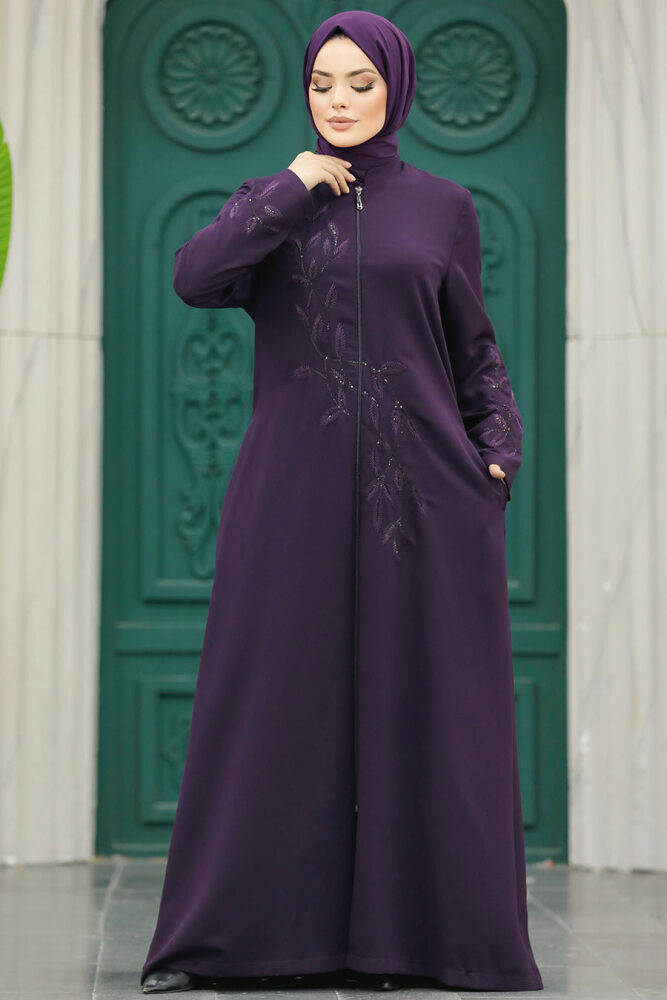 Neva Style - Boncuk İşlemeli Mürdüm Tesettür Ferace 20952MU - 3