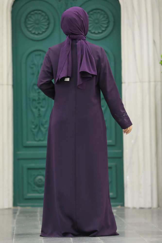 Neva Style - Boncuk İşlemeli Mürdüm Tesettür Ferace 20952MU - 5