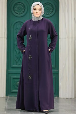 Neva Style - Boncuk İşlemeli Mürdüm Tesettür Ferace 60108MU - 1