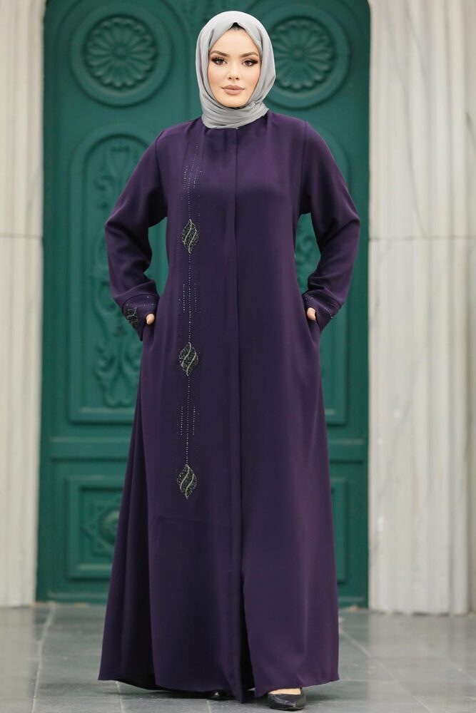 Neva Style - Boncuk İşlemeli Mürdüm Tesettür Ferace 60108MU - 1