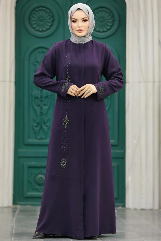 Neva Style - Boncuk İşlemeli Mürdüm Tesettür Ferace 60108MU - 2