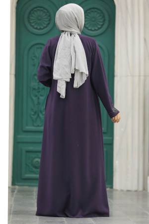Neva Style - Boncuk İşlemeli Mürdüm Tesettür Ferace 60108MU - 3