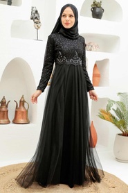 Neva Style - Boncuk İşlemeli Siyah Tesettür Abiye Elbise 9160S - Thumbnail