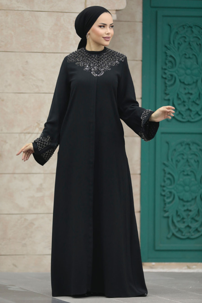 Neva Style - Boncuk İşlemeli Siyah Tesettür Ferace 20057S - 1