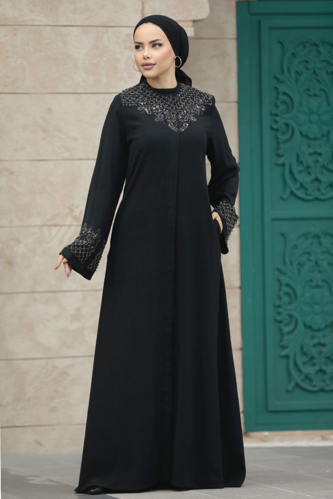 Neva Style - Boncuk İşlemeli Siyah Tesettür Ferace 20057S - 2