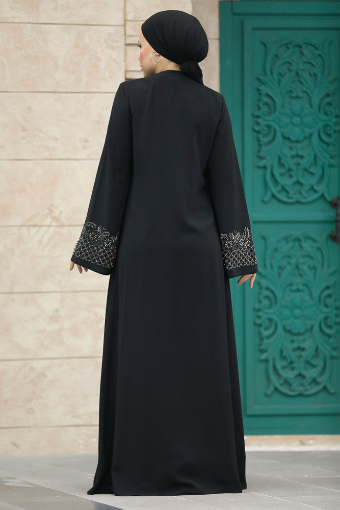 Neva Style - Boncuk İşlemeli Siyah Tesettür Ferace 20057S - 3