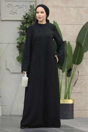 Neva Style - Boncuk İşlemeli Siyah Tesettür Ferace 20059S - 2