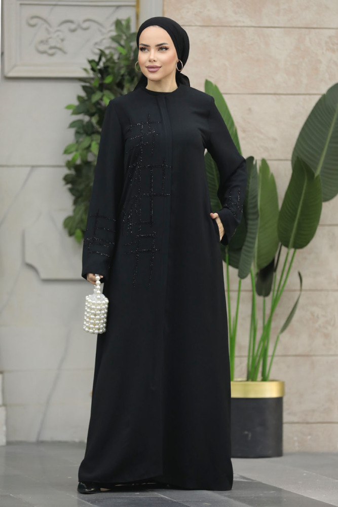 Neva Style - Boncuk İşlemeli Siyah Tesettür Ferace 20059S - 2