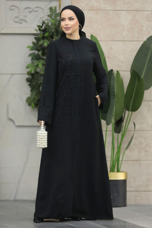 Neva Style - Boncuk İşlemeli Siyah Tesettür Ferace 20059S - 1