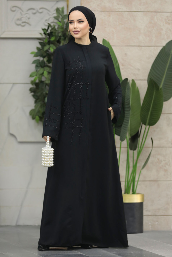 Neva Style - Boncuk İşlemeli Siyah Tesettür Ferace 20059S - 1