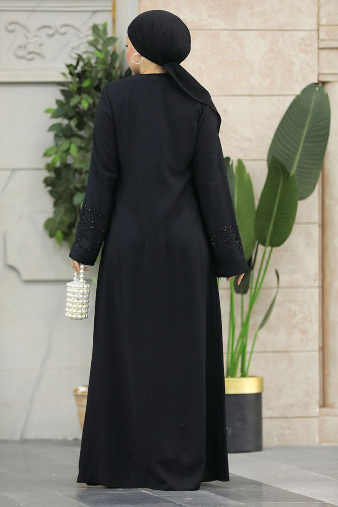 Neva Style - Boncuk İşlemeli Siyah Tesettür Ferace 20059S - 3